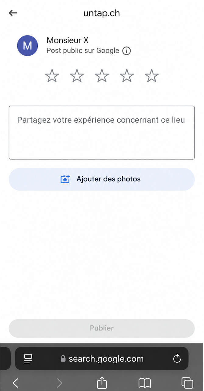 Aperçu de la fenêtre d'avis Google qui s'ouvre après le scan NFC ou QR code